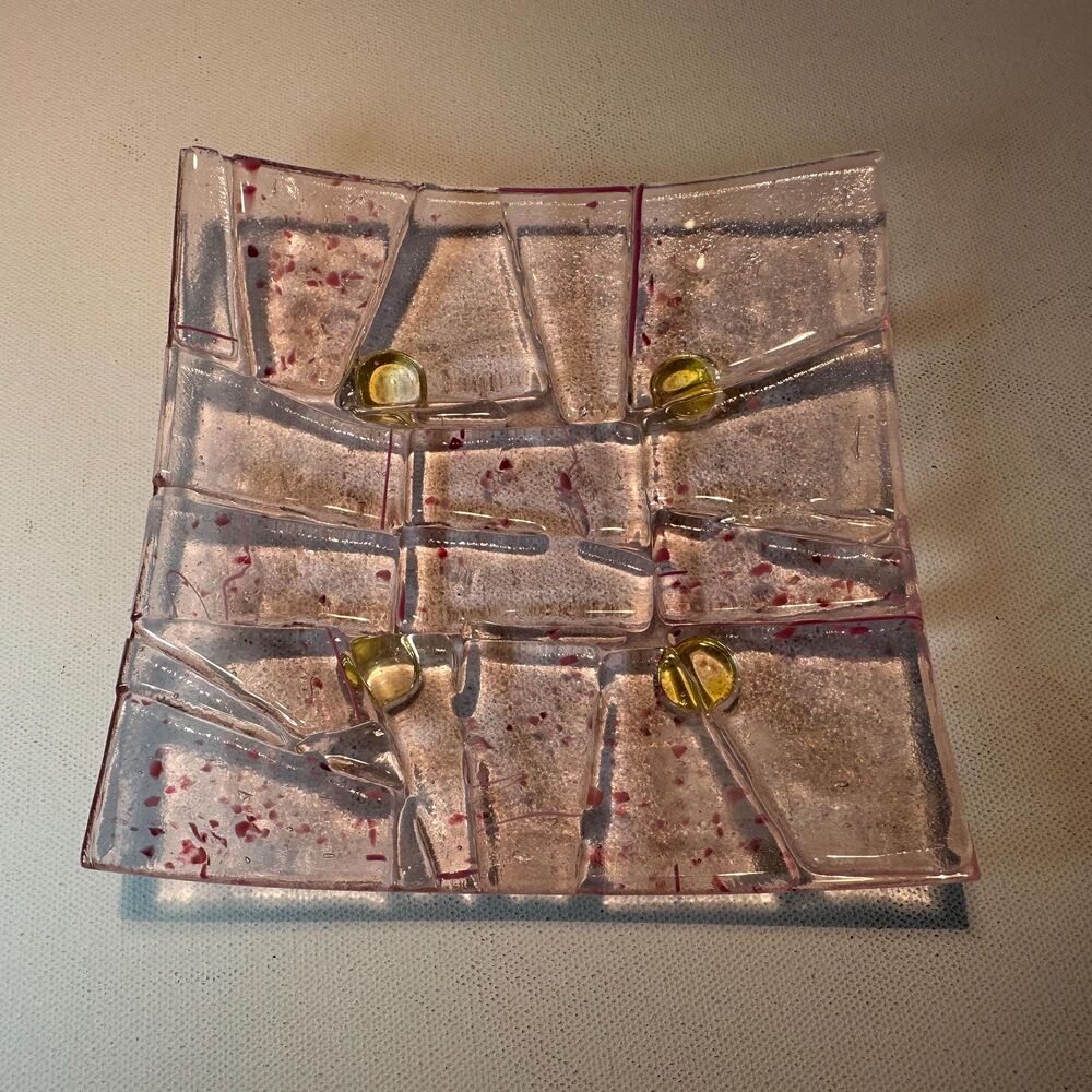Translucent Fused Pink Speckled Art Glass Concave Square Trinket Dish Geo Shape